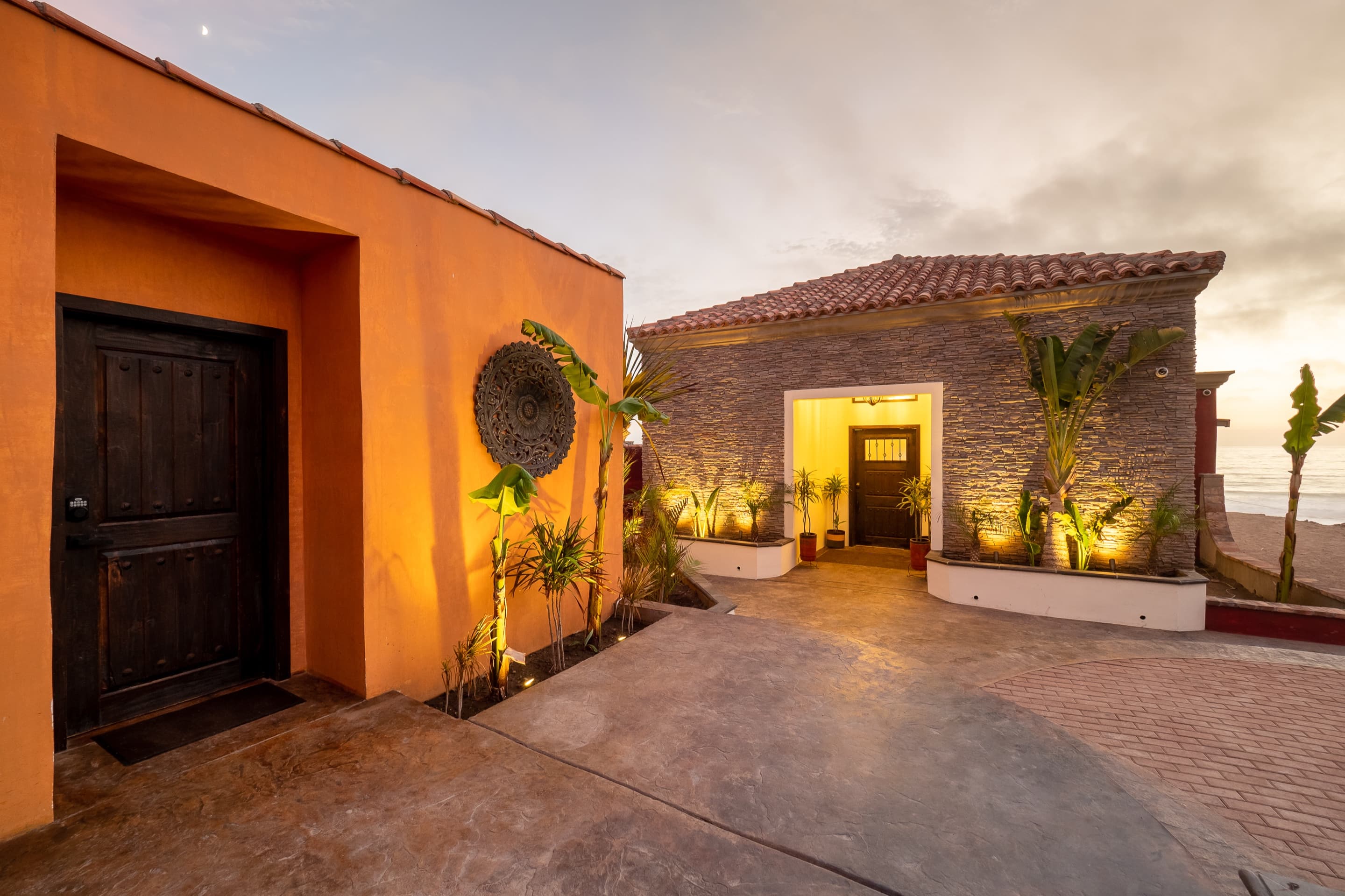 Casita entry courtyard at sunset